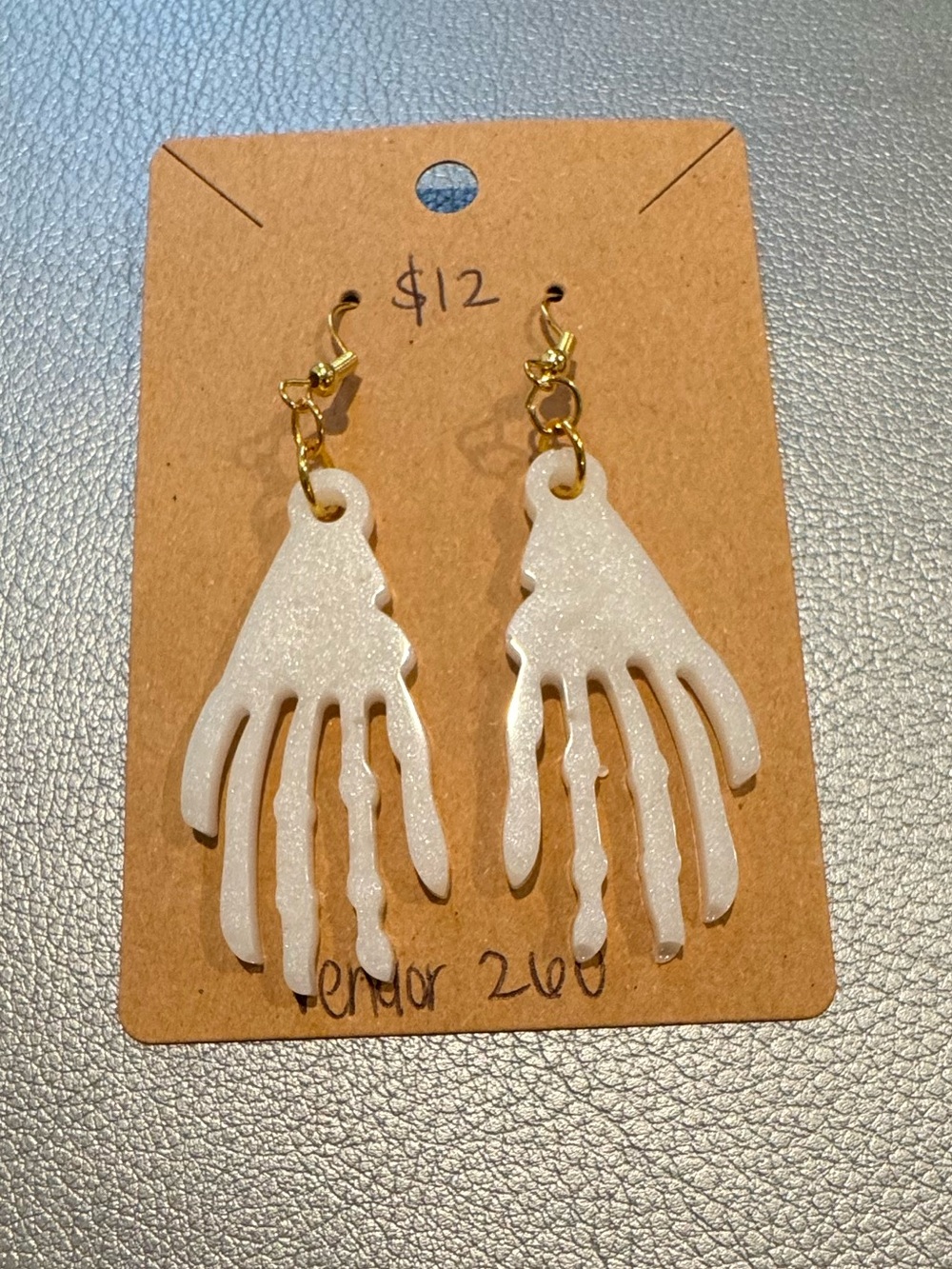 White Skeleton Hand-Shaped Drop Earrings with Gold Hooks